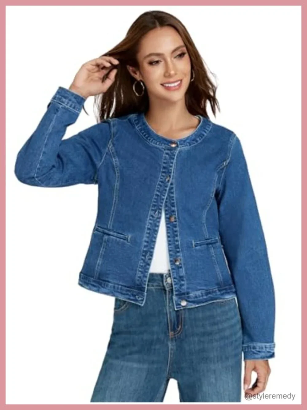 Lightweight Stretch Slim Fit Collarless Cropped Denim Jean Jacket Womens